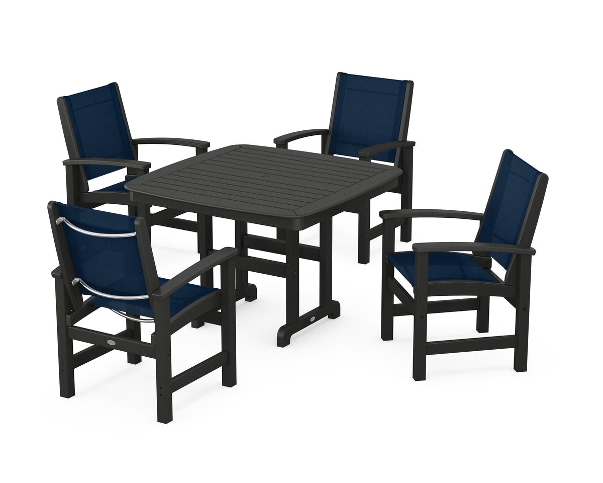 POLYWOOD Coastal 5-Piece Dining Set with Nautical 44" Dining Table in Black / Navy Blue