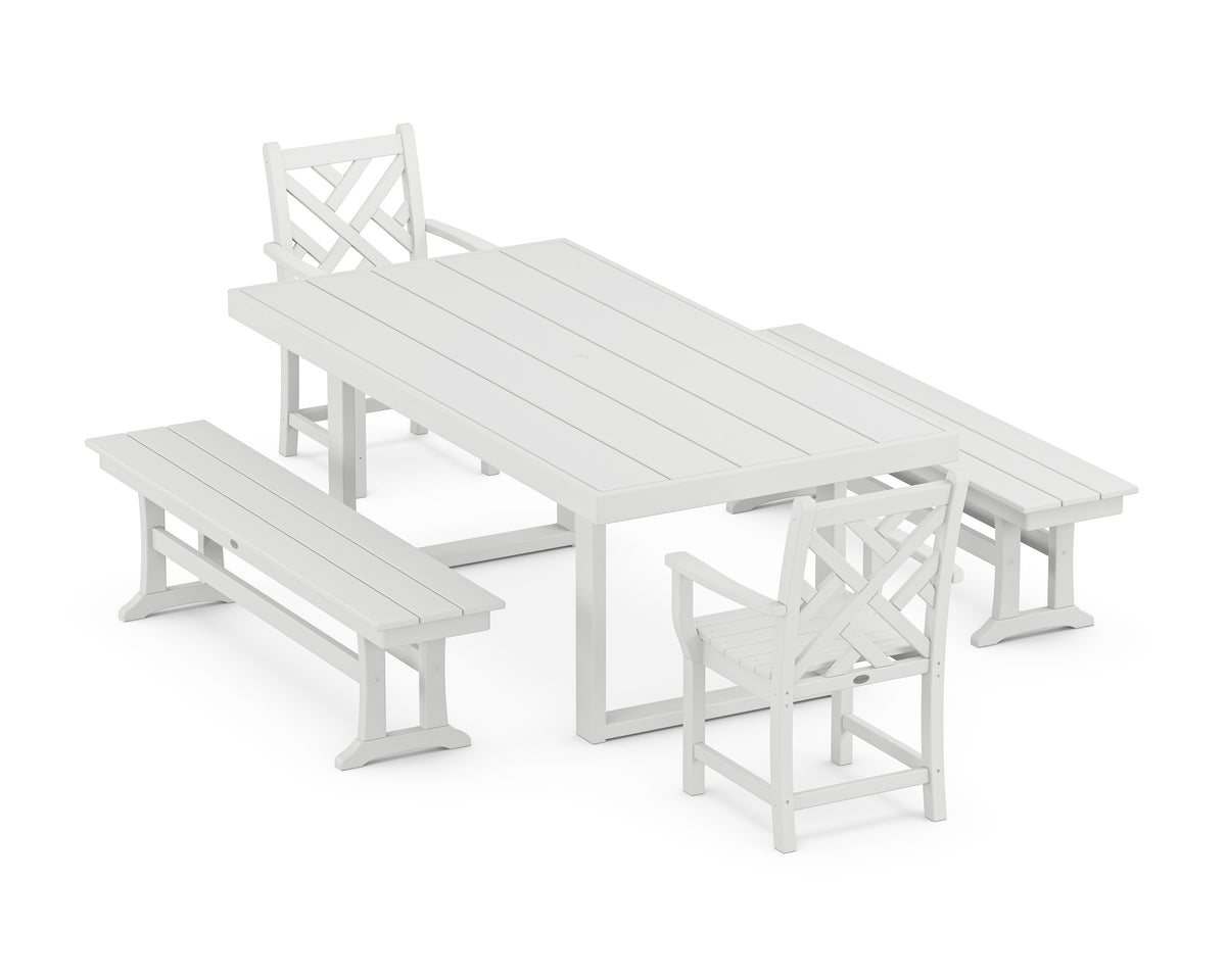 POLYWOOD Chippendale 5-Piece Dining Set with Benches - 39" x 78" Table in White