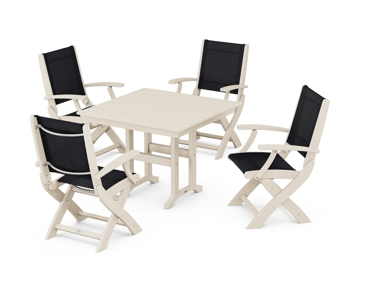 POLYWOOD Coastal Folding Chair 5-Piece Farmhouse Dining Set in Sand / Black
