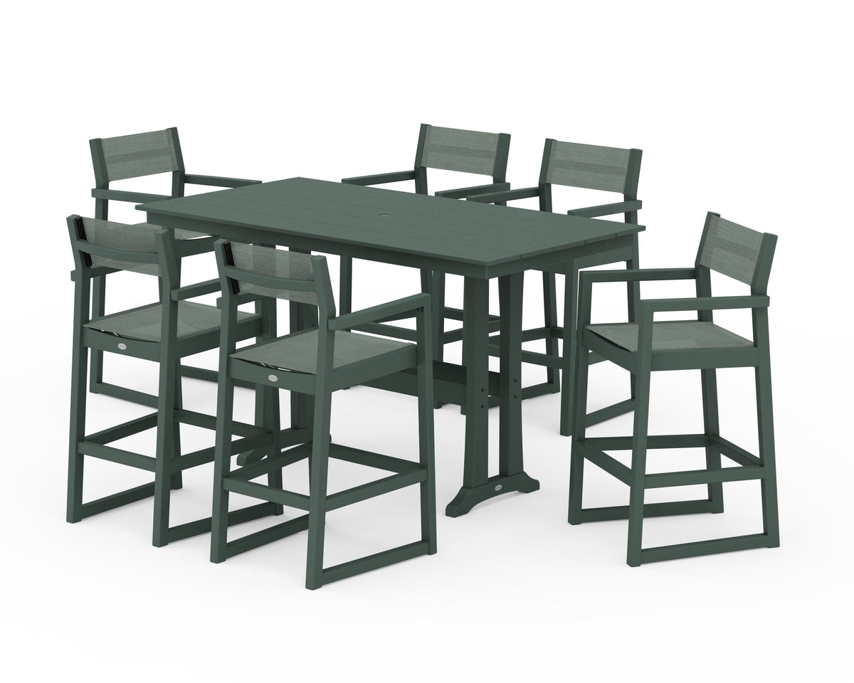 POLYWOOD EDGE Sling Arm Chair 7-Piece Farmhouse Bar Set with Trestle Legs in Green / Dupioni Sea Mist