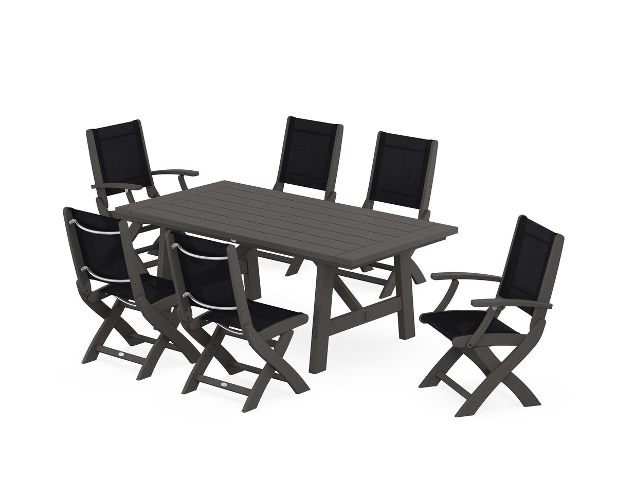 POLYWOOD Coastal Folding Chair 7-Piece Rustic Farmhouse Dining Set in Vintage Coffee / Black