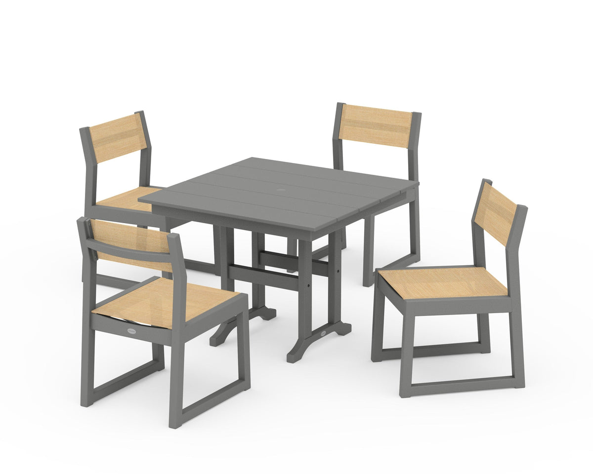 POLYWOOD EDGE Sling Side Chair 5-Piece Farmhouse Dining Set in Slate Grey / Dupioni Apricot