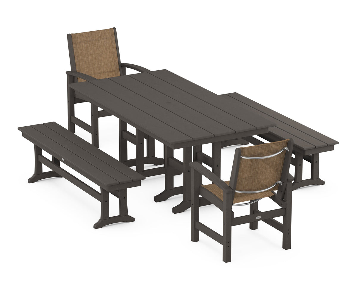 POLYWOOD Coastal 5-Piece Farmhouse Dining Set with Farmhouse 37" x 72" Dining Table in Vintage Coffee / Burlap