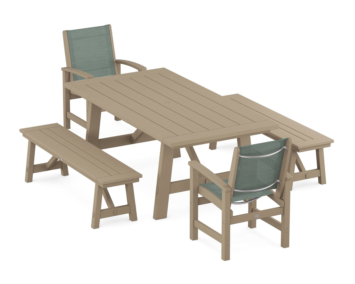 POLYWOOD Coastal 5-Piece Rustic Farmhouse Dining Set With Benches in Vintage Sahara / Dupioni Sea Mist