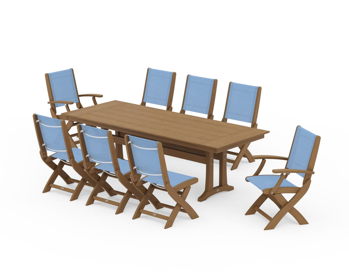 POLYWOOD Coastal 9-Piece Folding Dining Chair Farmhouse Dining Set with Trestle Legs in Natural / Poolside