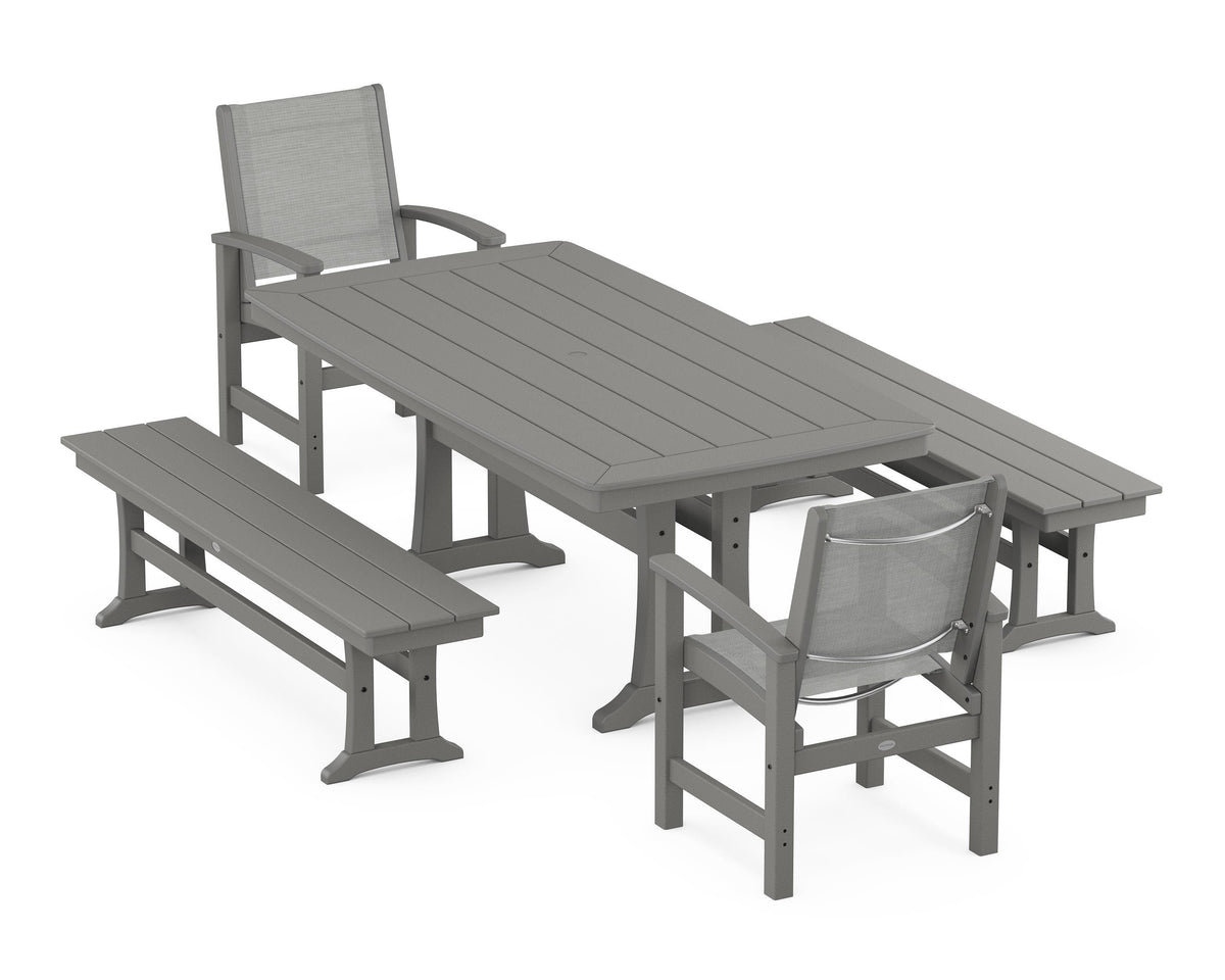 POLYWOOD Coastal 5-Piece Dining Set with Trestle Legs and Benches in Slate Grey / Metallic