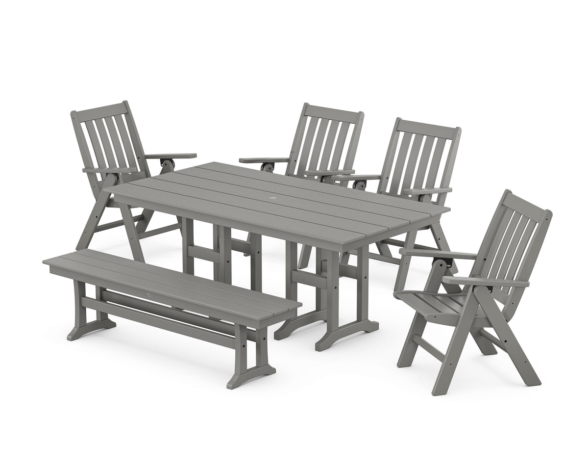 POLYWOOD Vineyard Folding Chair 6-Piece Farmhouse Dining Set with Bench in Slate Grey