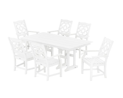 POLYWOOD Chinoiserie Arm Chair 7-Piece Farmhouse Dining Set in White