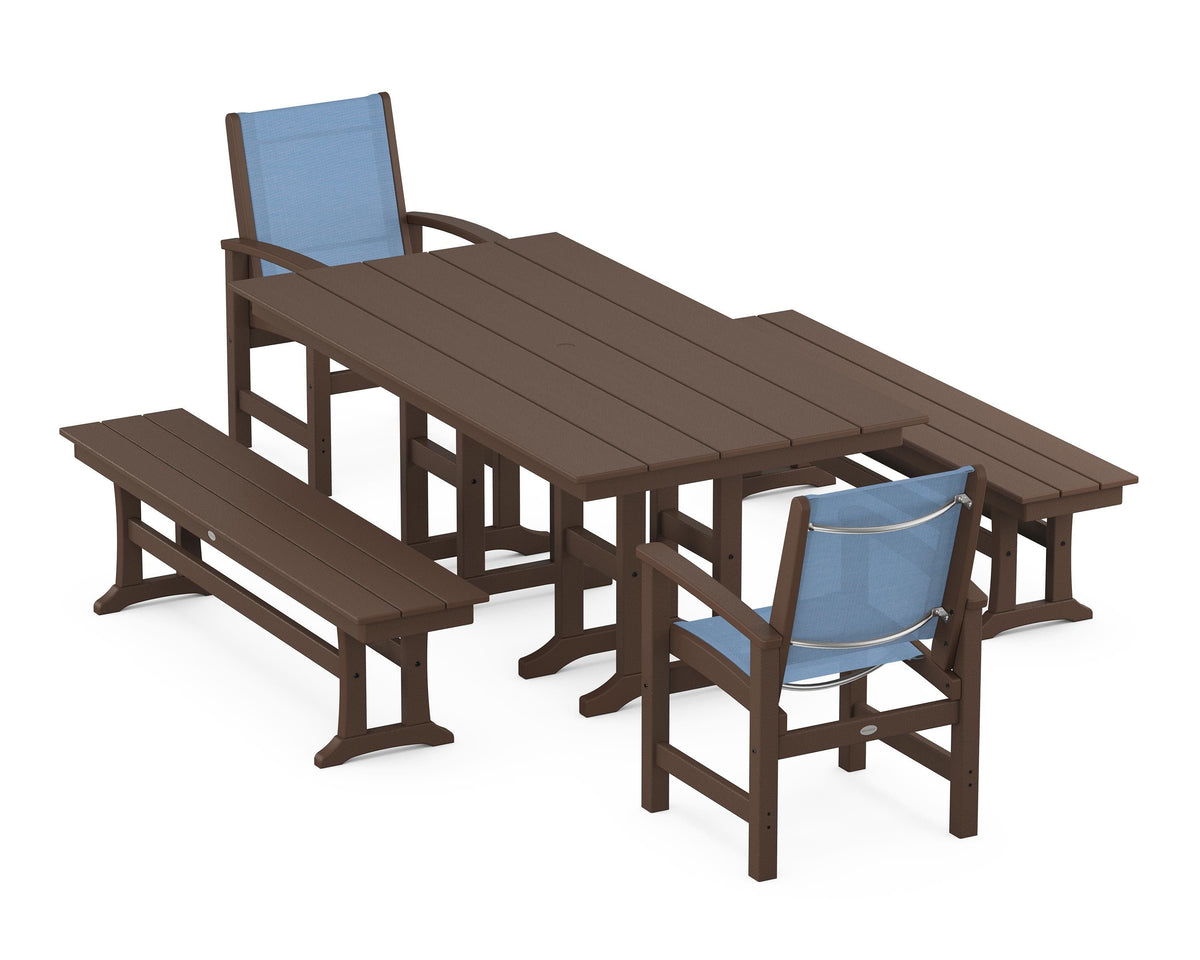 POLYWOOD Coastal 5-Piece Farmhouse Dining Set with Farmhouse 37" x 72" Dining Table in Mahogany / Poolside