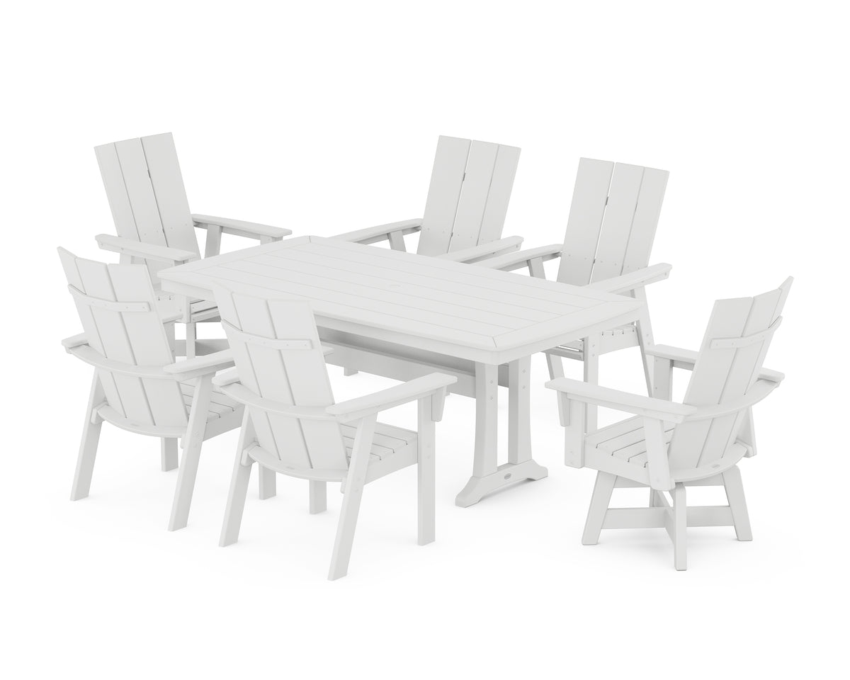 POLYWOOD Modern Adirondack Swivel Chair 7-Piece Dining Set with Trestle Legs in White
