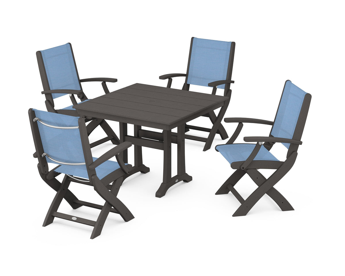 POLYWOOD Coastal Folding Chair 5-Piece Farmhouse Dining Set With Trestle Legs in Vintage Coffee / Poolside