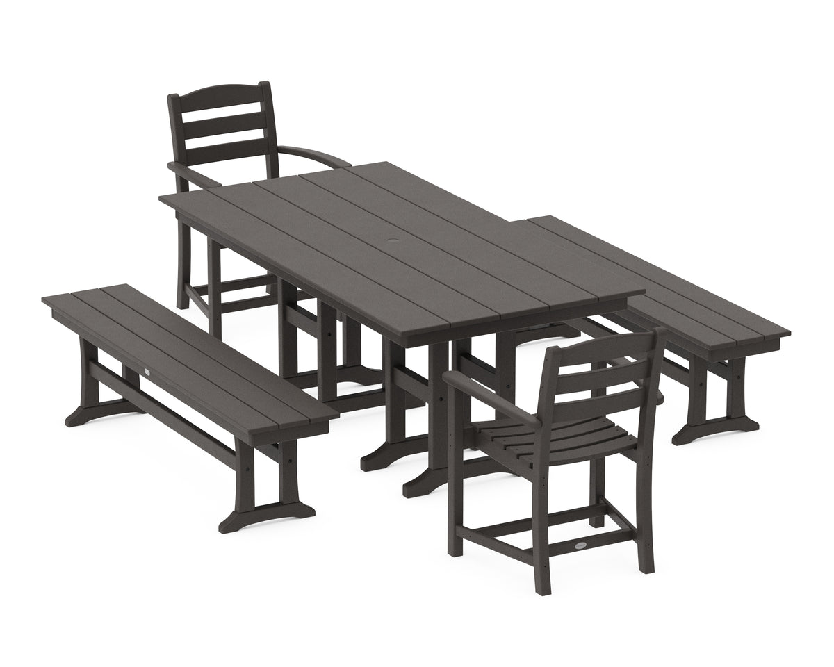 POLYWOOD La Casa Café 5-Piece Farmhouse Dining Set with Benches in Vintage Coffee