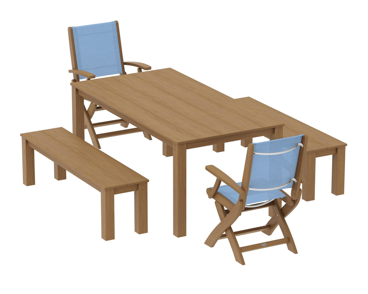 POLYWOOD Coastal Folding Chair 5-Piece Parsons Dining Set with Benches in Natural / Poolside