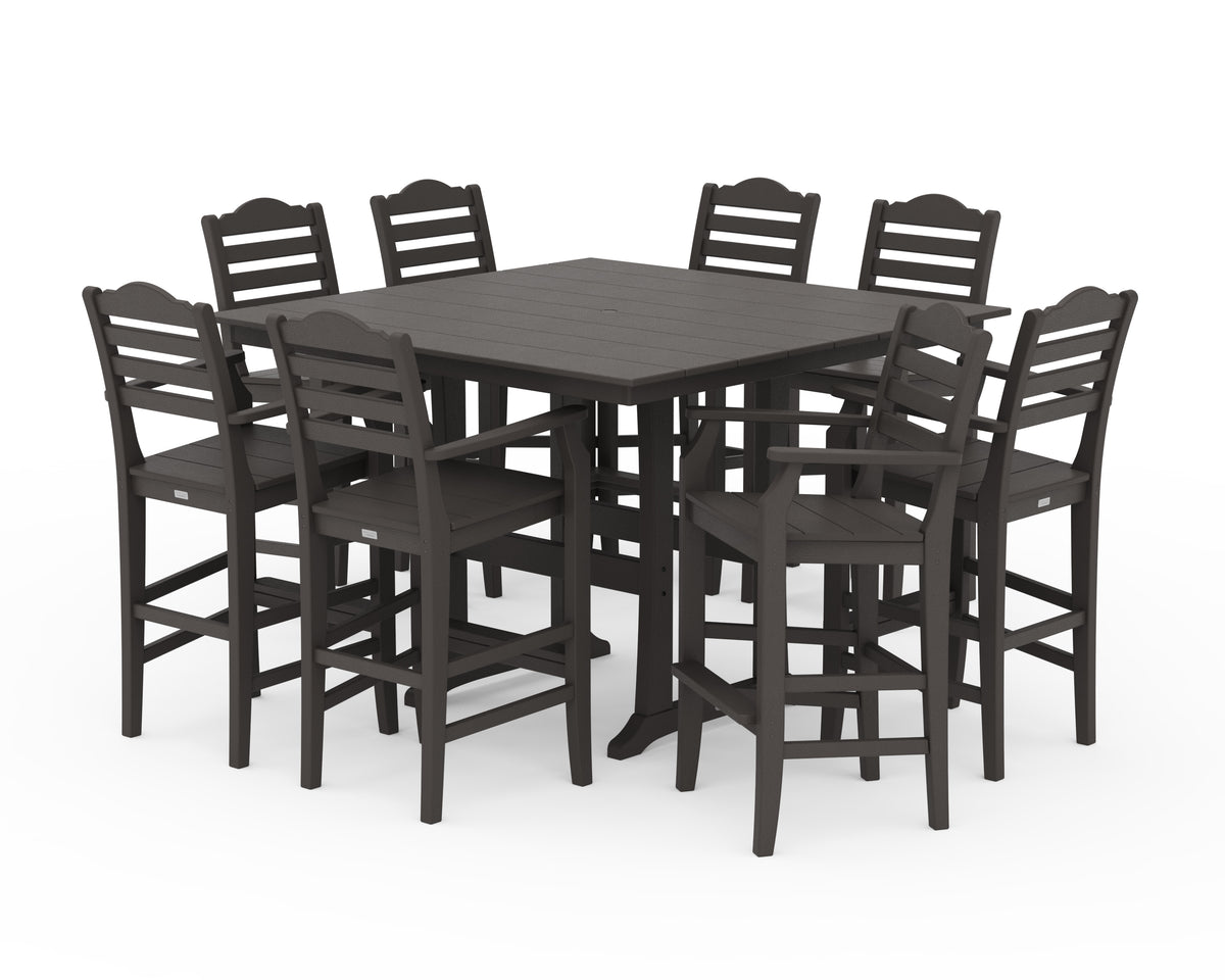 POLYWOOD Savannah 9-Piece Square Farmhouse Bar Set with Trestle Legs in Vintage Coffee