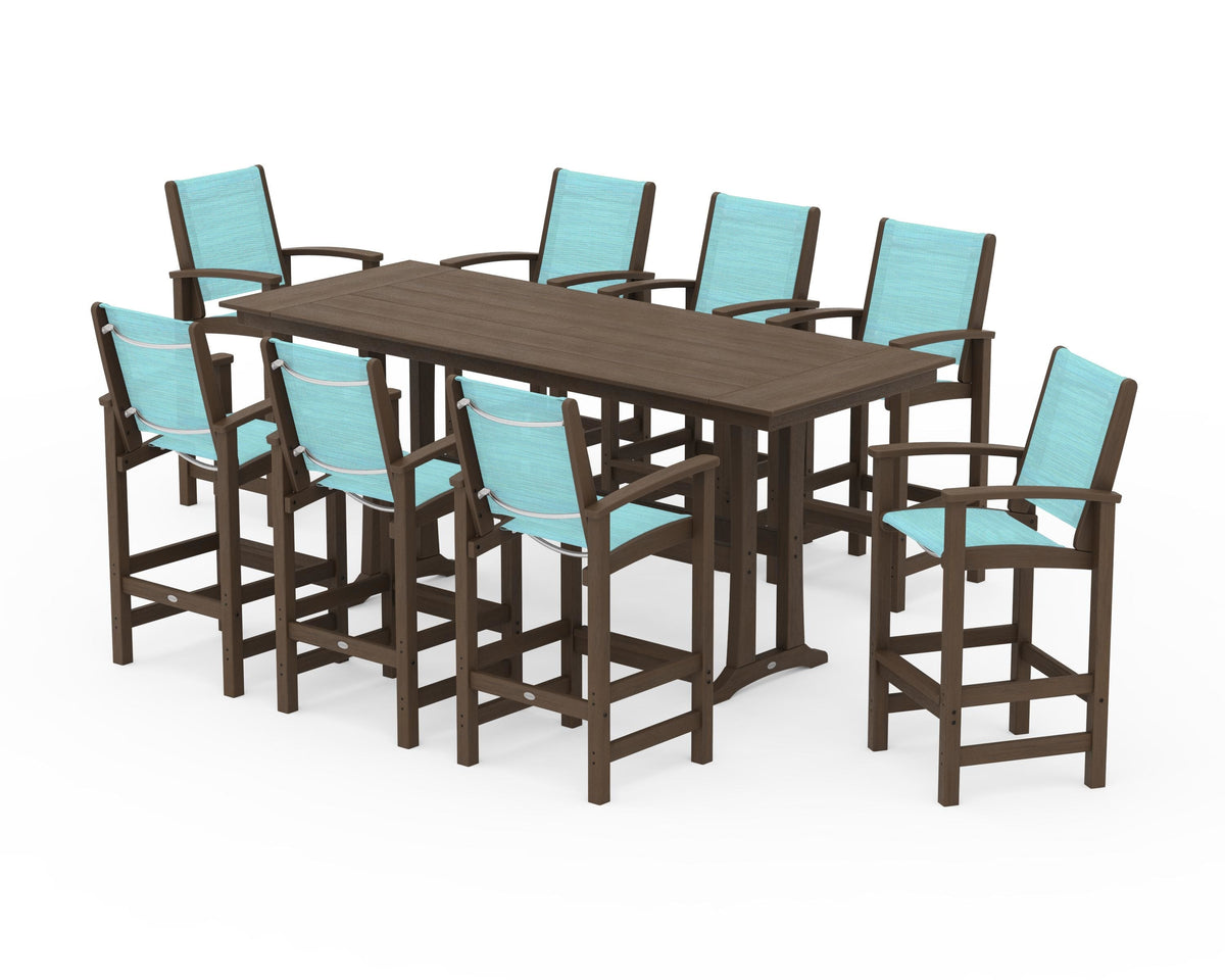 POLYWOOD Coastal 9-Piece Farmhouse Bar Set with Trestle Legs in Kona / Dupioni Aquamarine