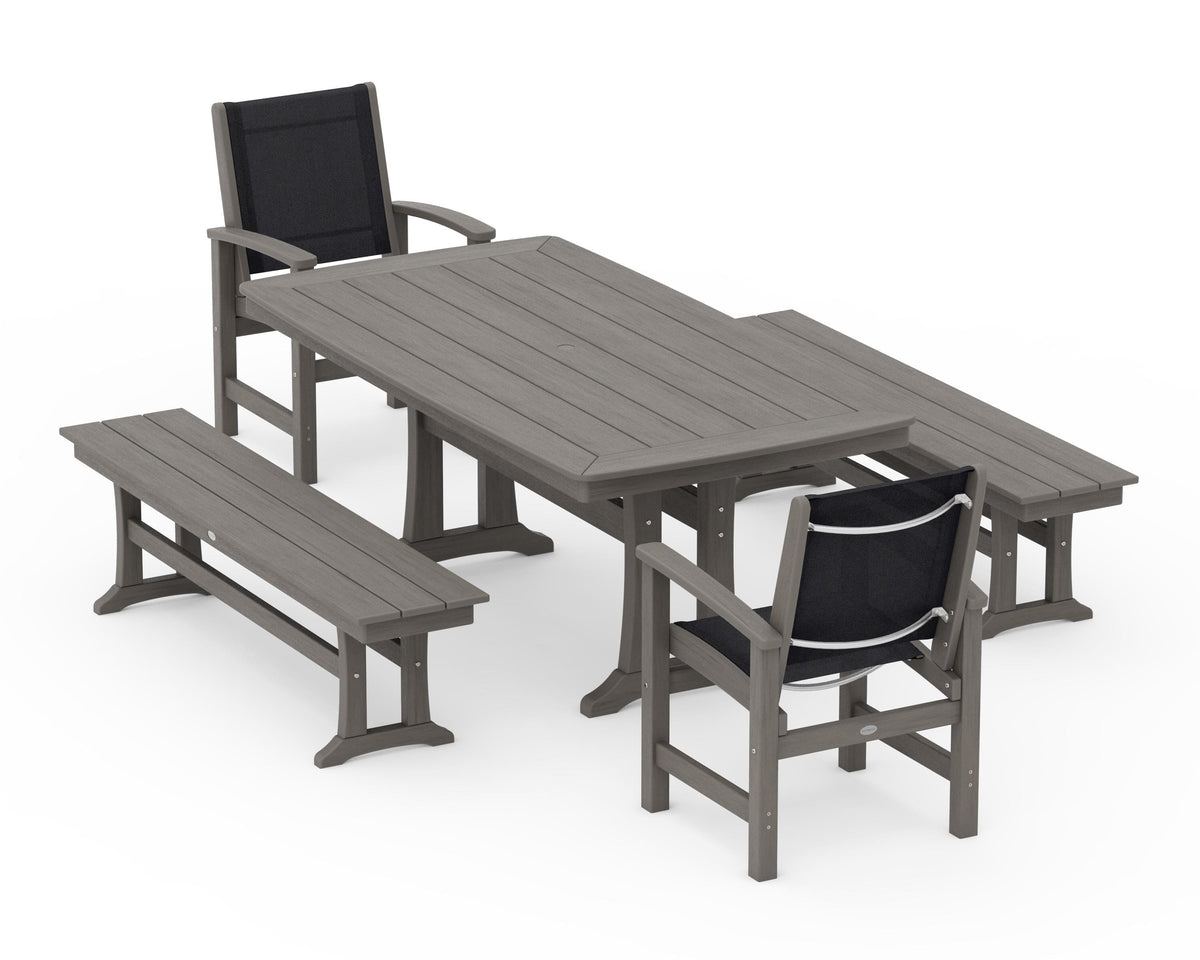 POLYWOOD Coastal 5-Piece Dining Set with Trestle Legs and Benches in Driftwood / Black