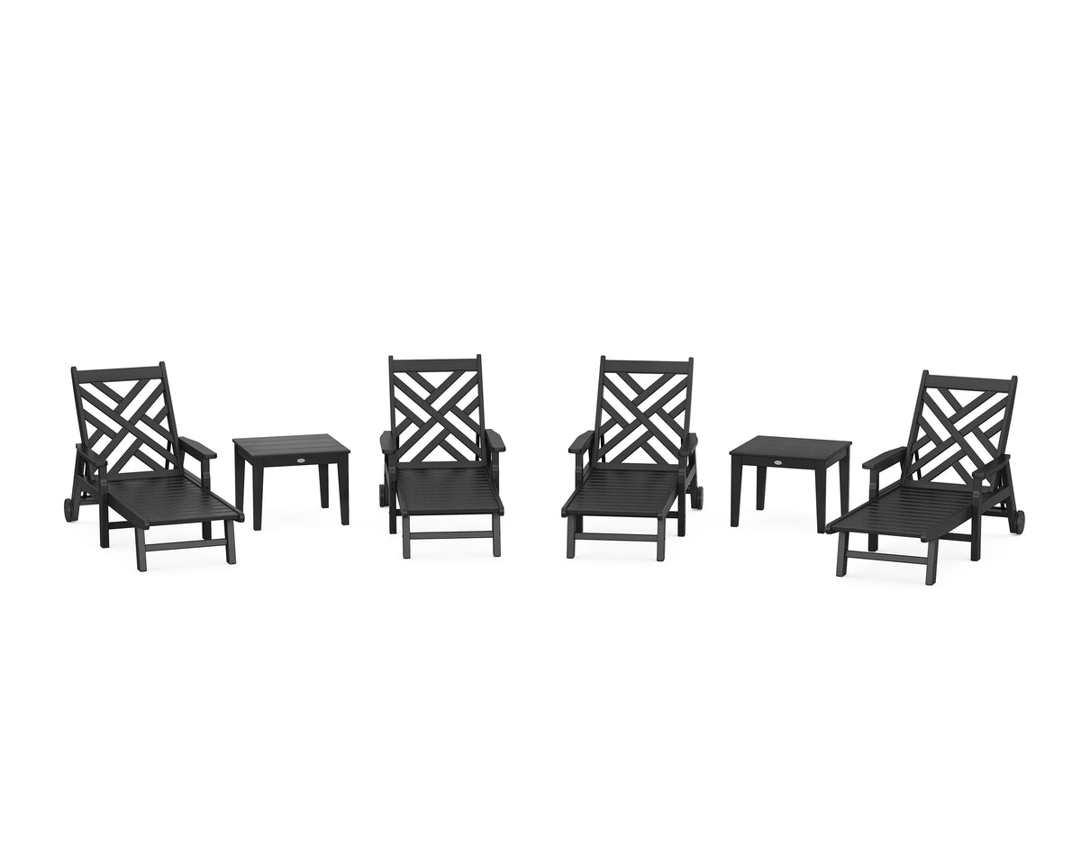 POLYWOOD Chippendale 6-Piece Chaise Set with Arms and Wheels in Black