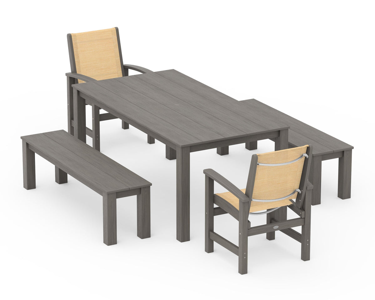 POLYWOOD Coastal 5-Piece Parsons Dining Set with Benches in Driftwood / Dupioni Apricot