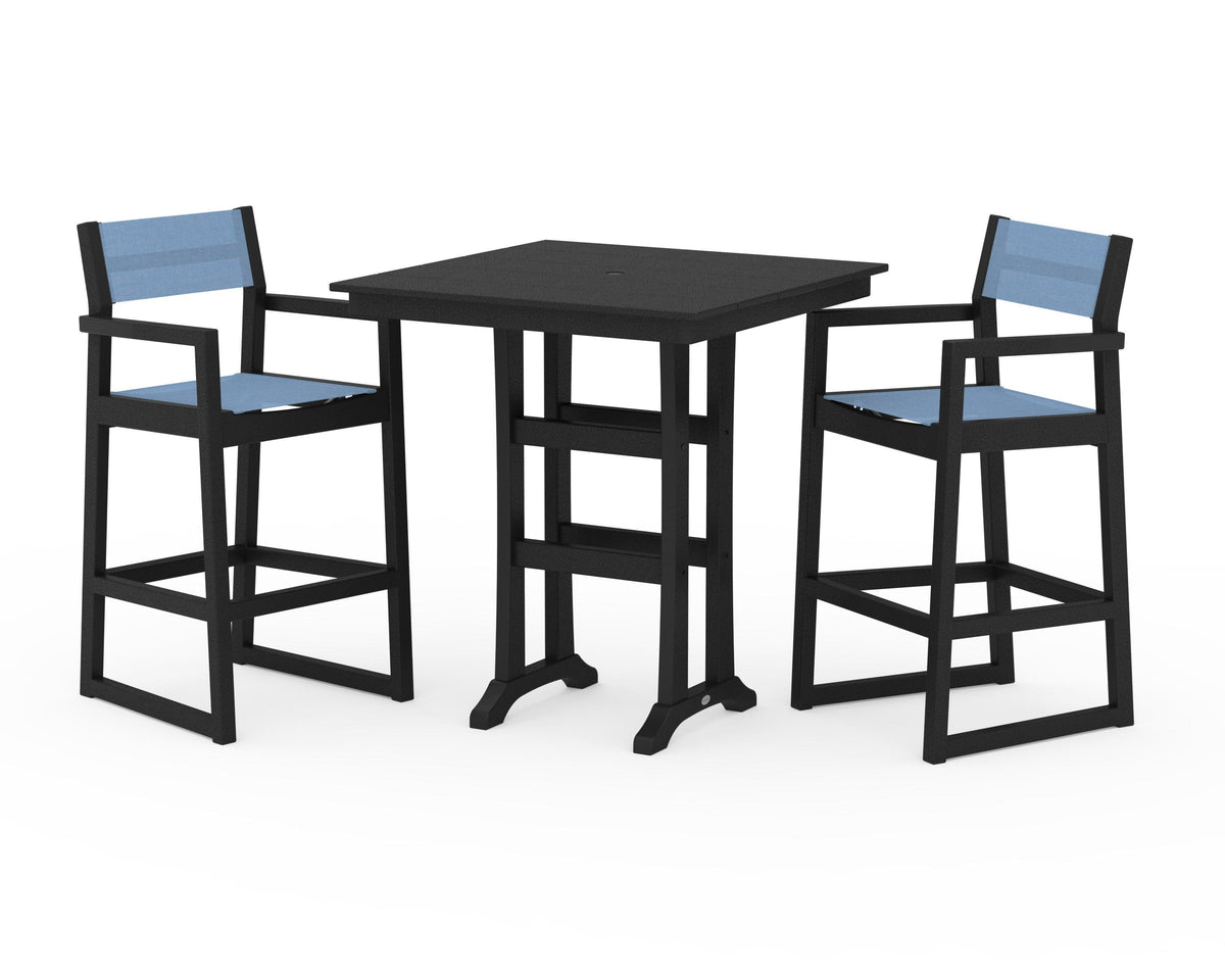POLYWOOD EDGE Sling Arm Chair 3-Piece Farmhouse Bar Set with Trestle Legs in Black / Poolside