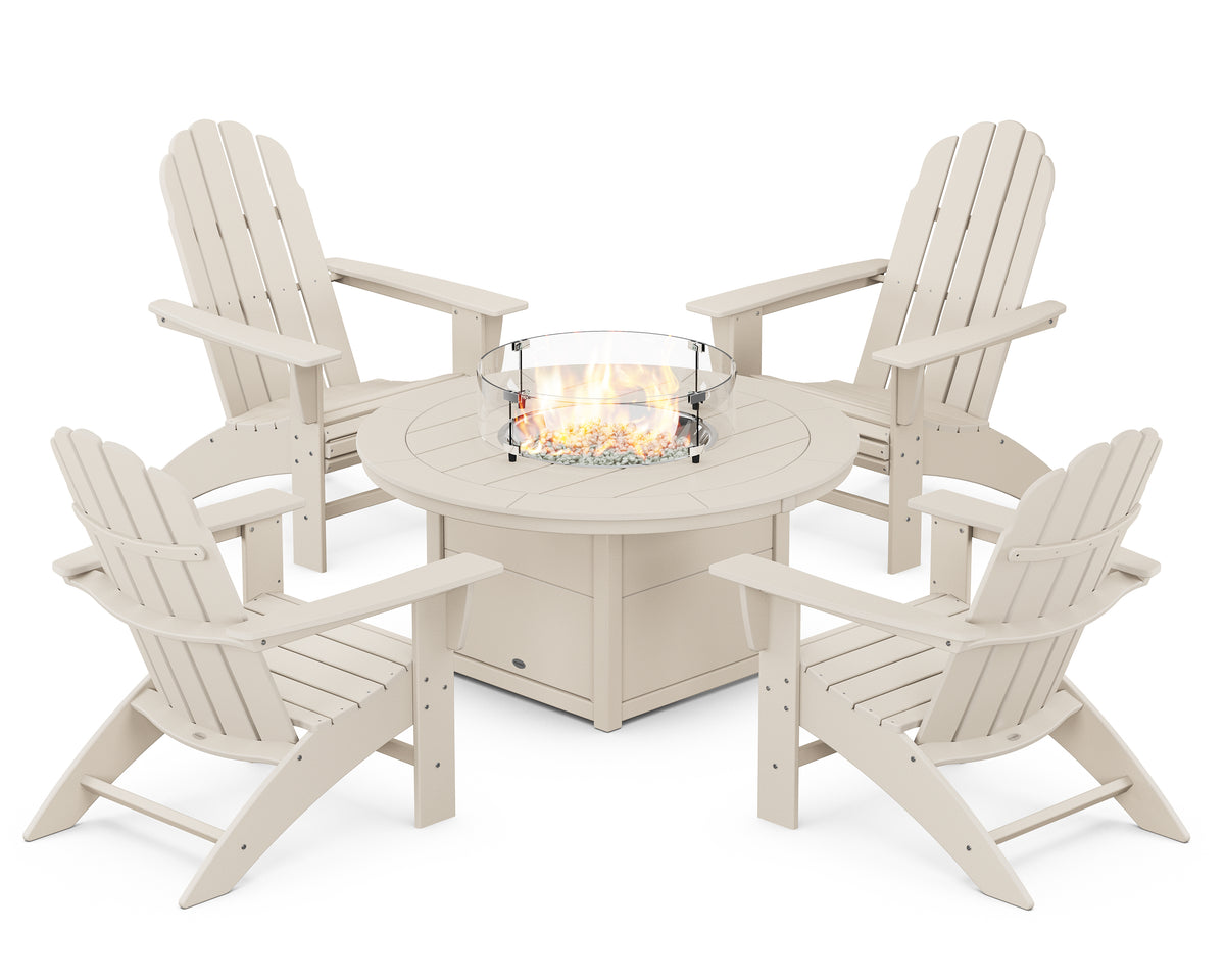 POLYWOOD Vineyard Curveback Adirondack 5-Piece Conversation Set with Fire Pit Table in Sand