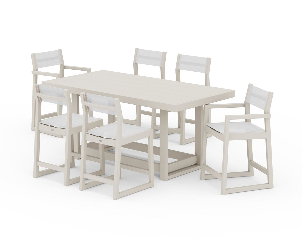 POLYWOOD EDGE Sling 7-Piece Counter Table Set in Sand / White